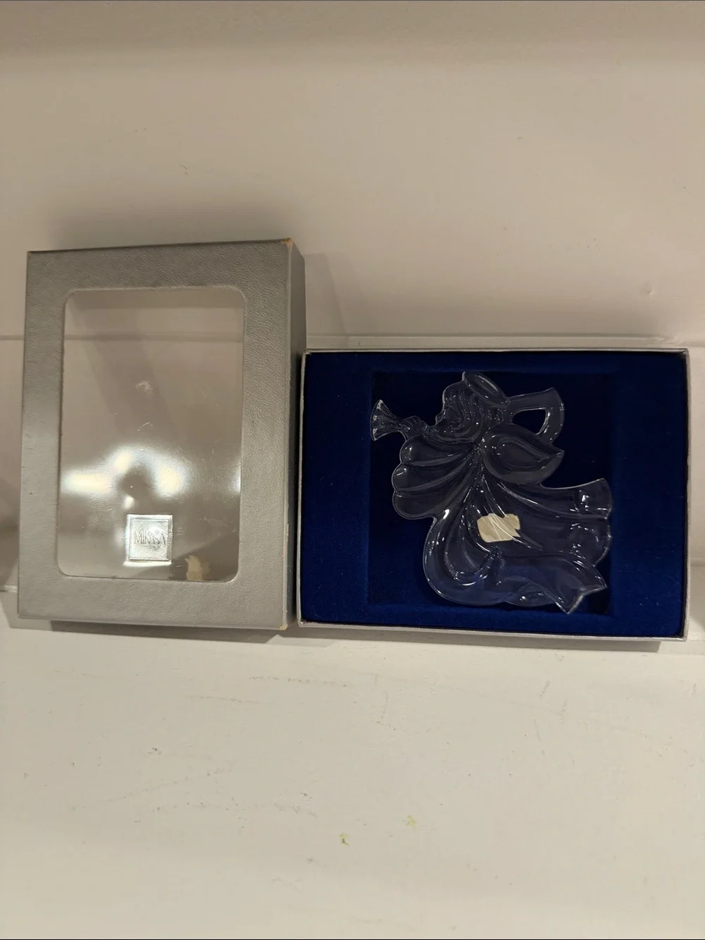 Mikasa Clear Glass Angel Ornament with Blue Velvet Box